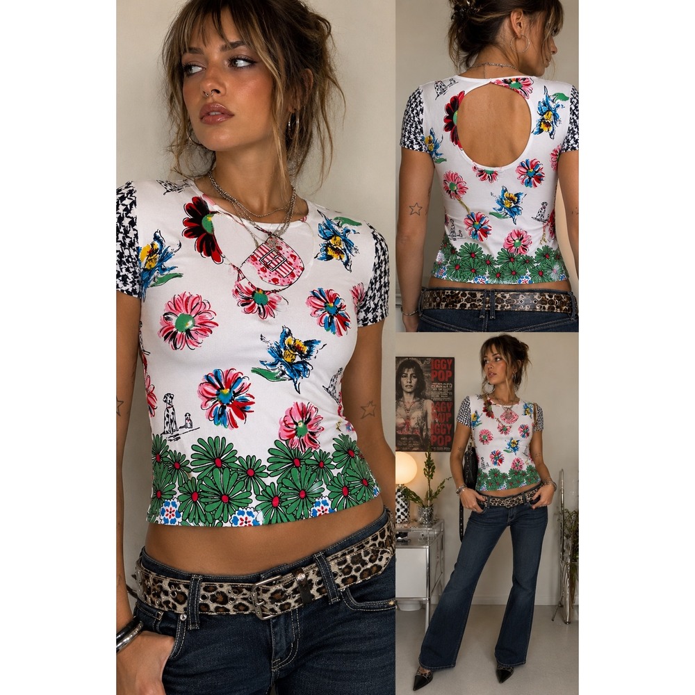 Y2K McBling Rhinestone Novelty Top Open Back Graphic Tee Indie Sleaze
